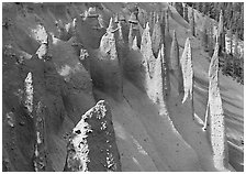 Vertical columns of volcanic origin. Crater Lake National Park, Oregon, USA. (black and white)