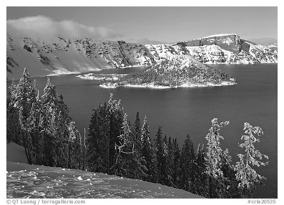 Lake and Wizard Island in winter, sunny afternoon. Crater Lake National Park (black and white)
