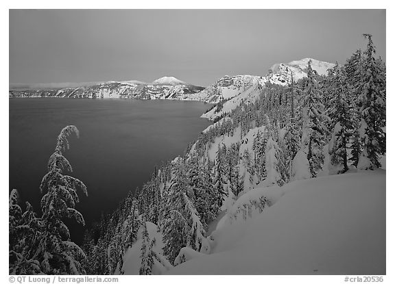 Lake, Mt Garfield, Mt Scott, winter dusk. Crater Lake National Park (black and white)