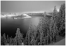 Conifers, Lake and Wizard Island, winter sunrise. Crater Lake National Park, Oregon, USA. (black and white)