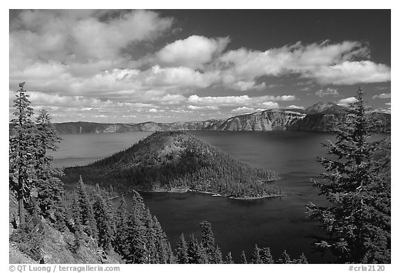 Lake and Wizard Island, afternoon. Crater Lake National Park (black and white)