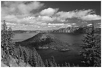 Lake and Wizard Island, afternoon. Crater Lake National Park, Oregon, USA. (black and white)