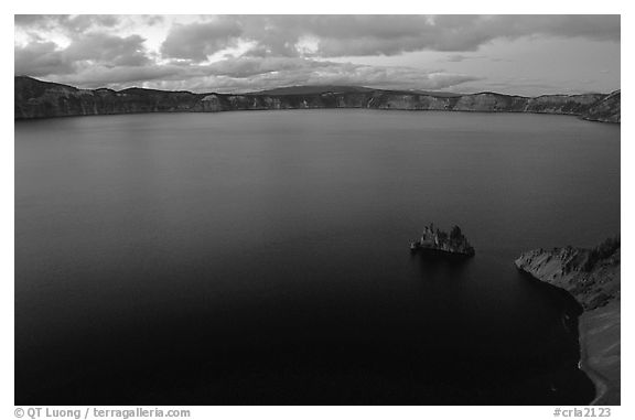 Phantom ship and lake seen from Sun Notch, dusk. Crater Lake National Park (black and white)