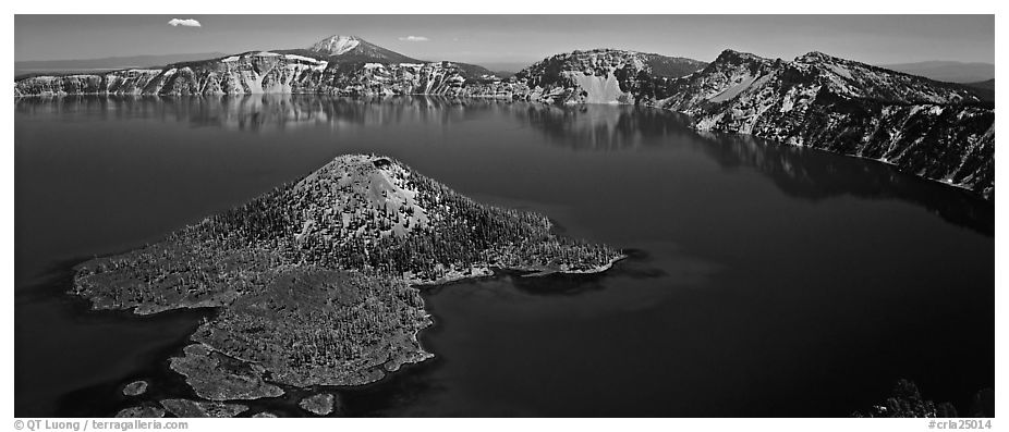 Blue lake and Wizard Island, morning. Crater Lake National Park (black and white)