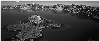 Blue lake and Wizard Island, morning. Crater Lake National Park (Panoramic black and white)