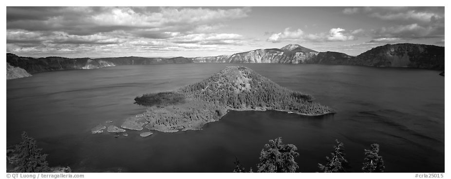 Lake and Wizard Island, afternoon. Crater Lake National Park (black and white)