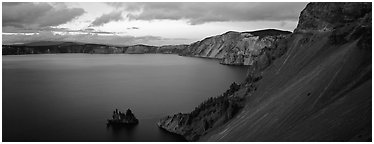 Lake and cliffs, evening. Crater Lake National Park (Panoramic black and white)