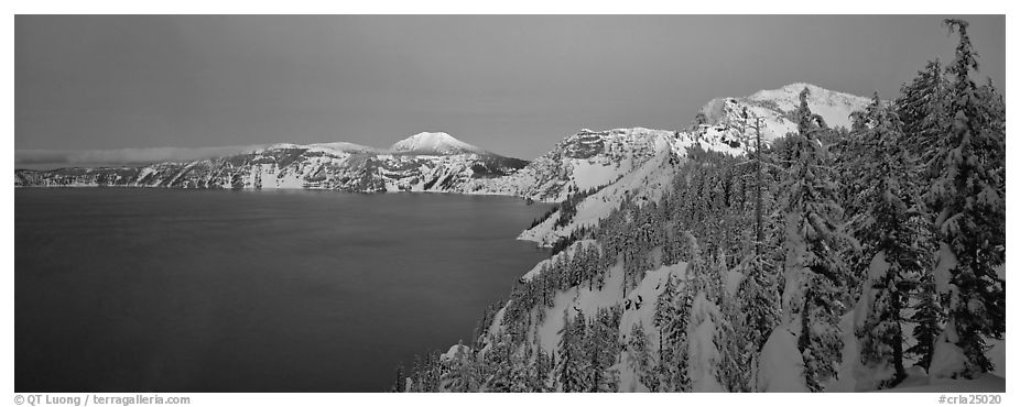 Pristine winter dusk scene. Crater Lake National Park (black and white)