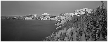 Pristine winter dusk scene. Crater Lake National Park (Panoramic black and white)