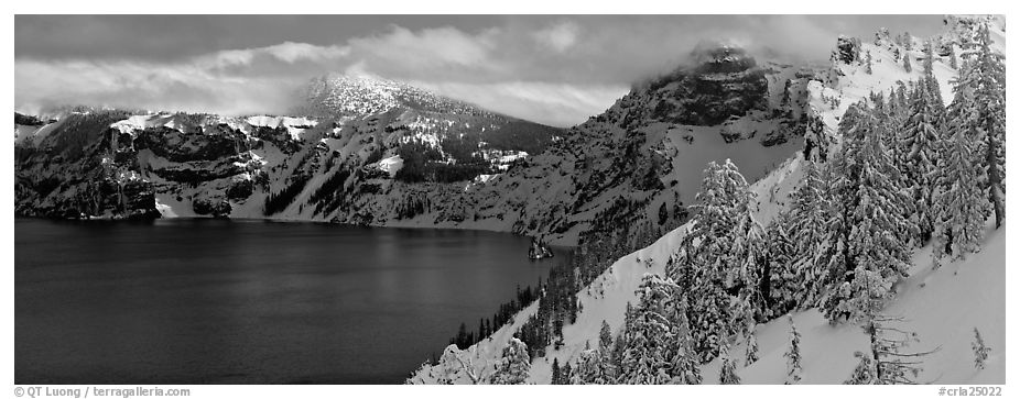 Fresh snow on lake rim. Crater Lake National Park (black and white)