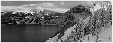 Fresh snow on lake rim. Crater Lake National Park (Panoramic black and white)