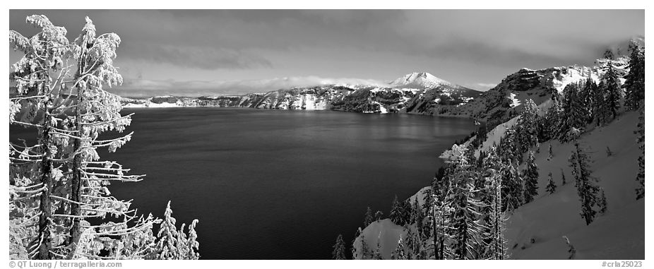 Lake and snow-covered trees. Crater Lake National Park (black and white)
