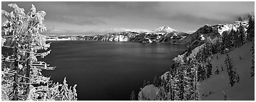 Lake and snow-covered trees. Crater Lake National Park (Panoramic black and white)