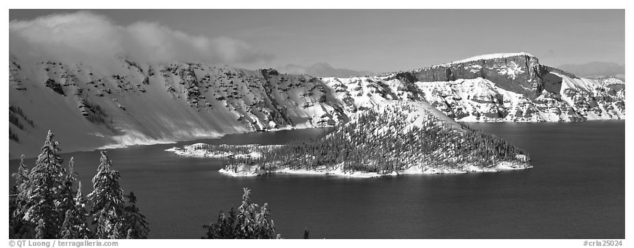 Wizard Island in winter. Crater Lake National Park (black and white)