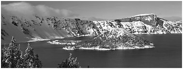 Wizard Island in winter. Crater Lake National Park (Panoramic black and white)