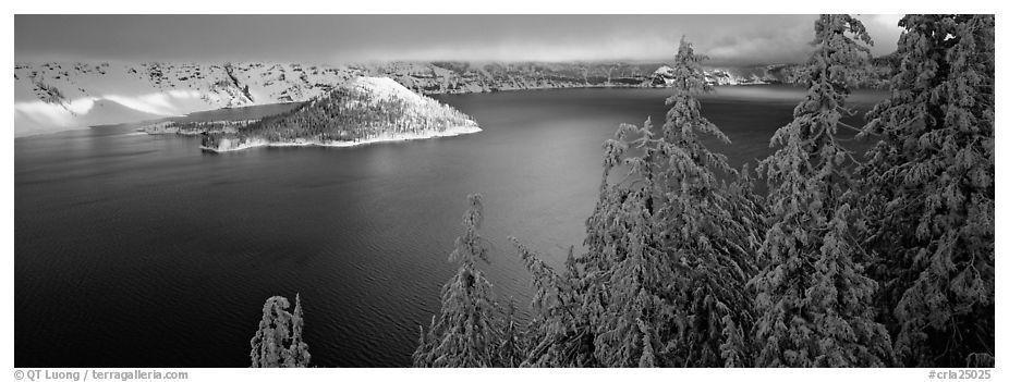 Light on the lake, winter sunrise. Crater Lake National Park (black and white)