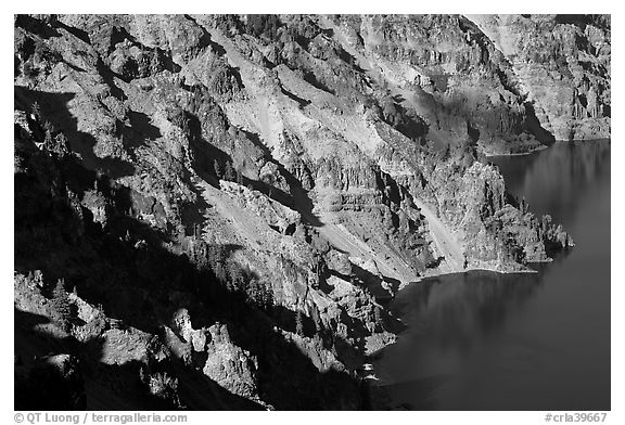 Volcanic cliffs below Hillman Peak, afternoon. Crater Lake National Park (black and white)