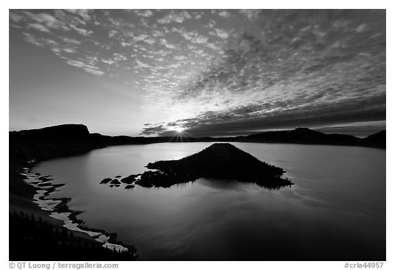 Crater Lake and Wizard Island, sunrise. Crater Lake National Park (black and white)