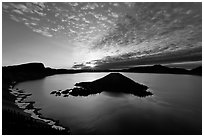 Crater Lake and Wizard Island, sunrise. Crater Lake National Park, Oregon, USA. (black and white)