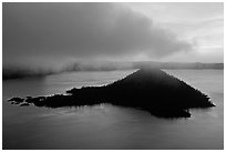 Cloud above Wizard Island at dawn. Crater Lake National Park, Oregon, USA. (black and white)