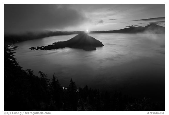 Wide view with sunrise and clouds. Crater Lake National Park (black and white)