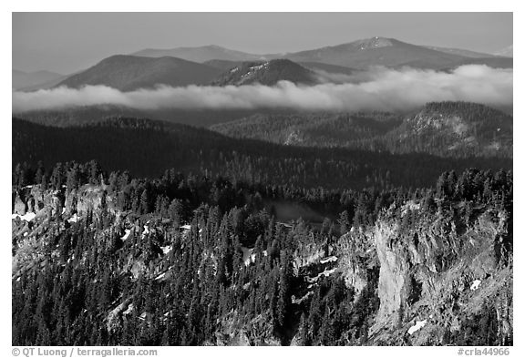 Lake rim and forest, and hills. Crater Lake National Park (black and white)