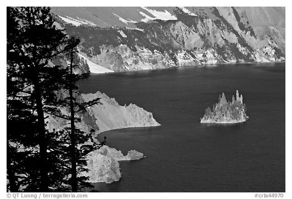 Island called Phantom Ship and crater walls. Crater Lake National Park (black and white)