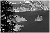 Island called Phantom Ship and crater walls. Crater Lake National Park, Oregon, USA. (black and white)