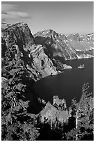 Dutton Cliff and lake. Crater Lake National Park, Oregon, USA. (black and white)