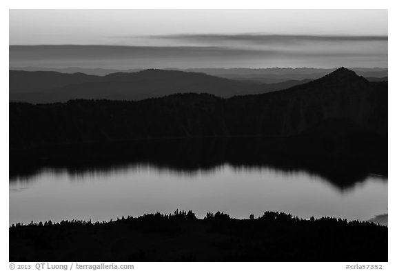 Crater Lake, Llao Rock, and ridges at sunset. Crater Lake National Park (black and white)