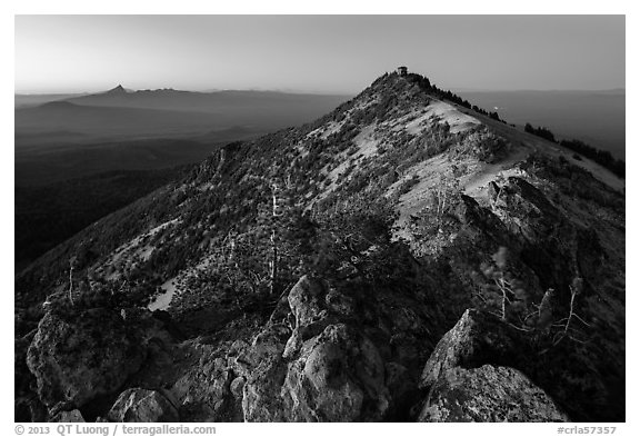 Mount Scott summit and fire lookout at dusk. Crater Lake National Park (black and white)