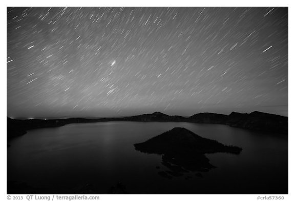 Star trails over Crater Lake and Wizard Island. Crater Lake National Park (black and white)