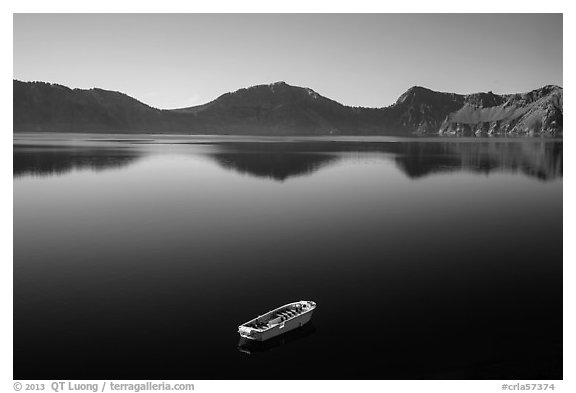 Tour boat and blue lake. Crater Lake National Park (black and white)