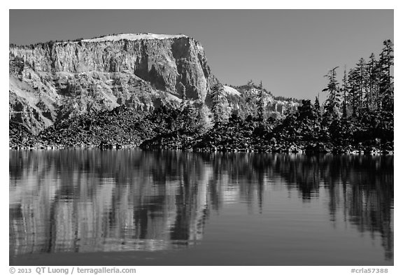 Lava rock on Wizard Islannd and Llao Rock. Crater Lake National Park (black and white)