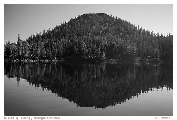 Wizard Island seen from water level. Crater Lake National Park (black and white)
