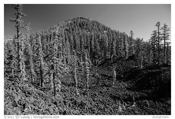 Hardened lava field and cinder cone, Wizard Island. Crater Lake National Park (black and white)