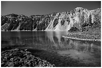 Emerald waters in Fumarole Bay, Wizard Island. Crater Lake National Park ( black and white)