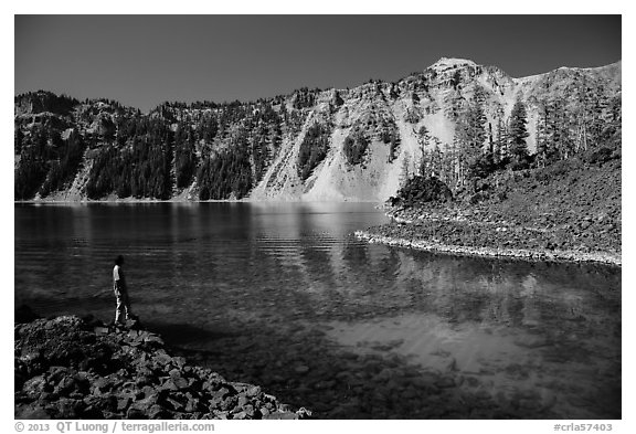 Visitor looking, Fumarole Bay, Wizard Island. Crater Lake National Park (black and white)