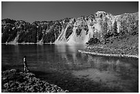Visitor looking, Fumarole Bay, Wizard Island. Crater Lake National Park ( black and white)