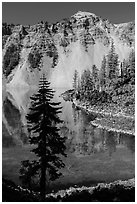 Hemlock, Watchman reflection, and clear waters, Wizard Island. Crater Lake National Park ( black and white)