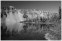 Watchman reflected in Fumarole Bay, Wizard Island. Crater Lake National Park ( black and white)