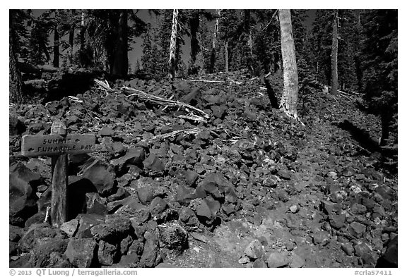 Trail junction and signs, Wizard Island. Crater Lake National Park (black and white)