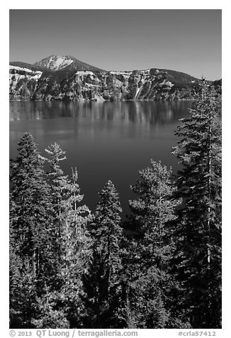 Hemlock, blue waters, and Mount Scott, Wizard Island. Crater Lake National Park (black and white)
