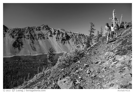 Hikers near Wizard Island summit. Crater Lake National Park (black and white)