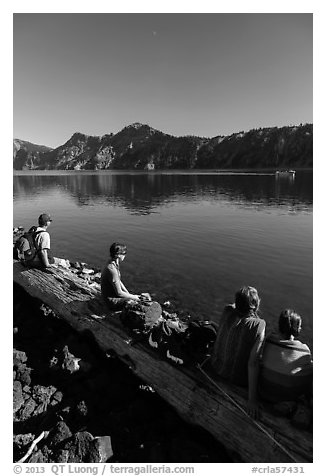 Visitors waiting for boat pick-up, Wizard Island. Crater Lake National Park (black and white)