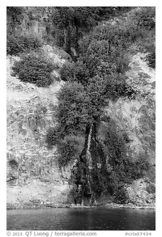 Waterfall running into lake. Crater Lake National Park (black and white)