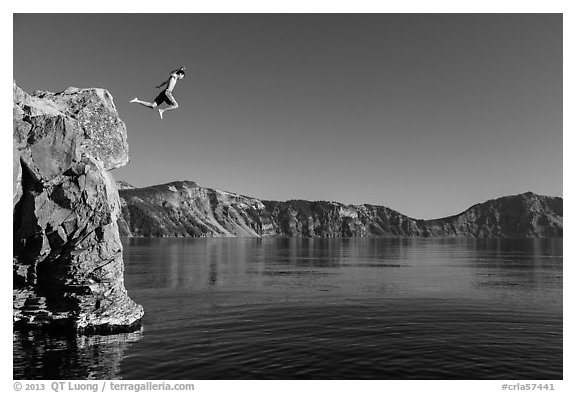Twenty-five foot jump into more than eighty feet of water. Crater Lake National Park (black and white)