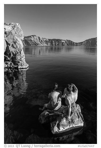 Men sunning on rock, Cleetwood Cove. Crater Lake National Park (black and white)