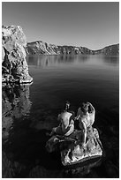 Men sunning on rock, Cleetwood Cove. Crater Lake National Park ( black and white)