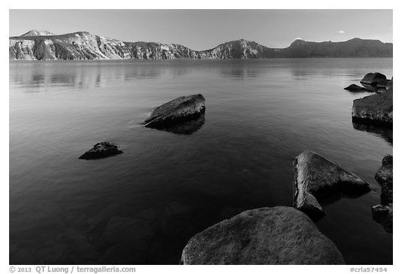 Lakeshore in late afternoon, Cleetwood Cove. Crater Lake National Park (black and white)
